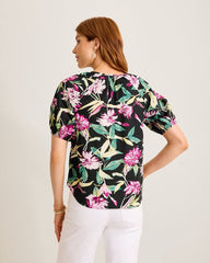 Twilight Bloom Puff-Sleeve Poplin Top - Black