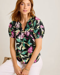 Twilight Bloom Puff-Sleeve Poplin Top - Black