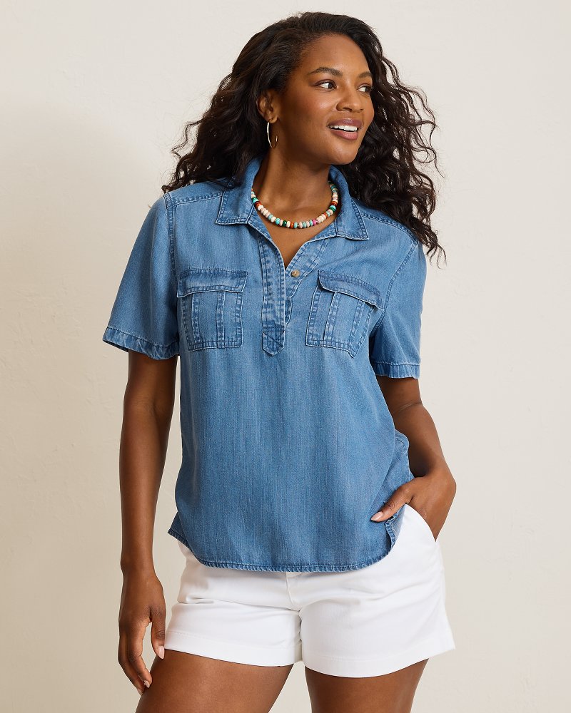 Chambray O'Lei Linen-Blend Utility Popover Shirt - Med Indigo Wash