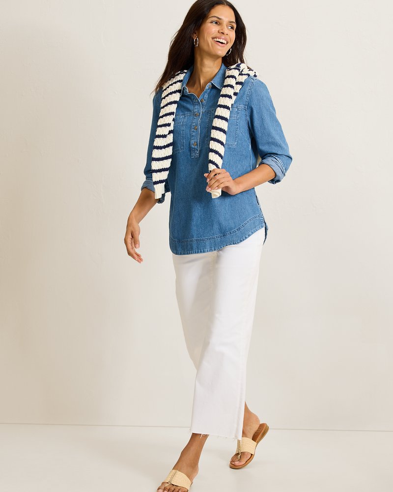 Cross Hatch Denim Boyfriend Popover Top - Indigo Oasis Wash