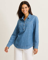 Cross Hatch Denim Boyfriend Popover Top - Indigo Oasis Wash