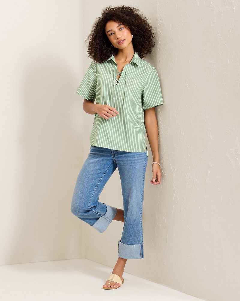 Harbor Isle Lace-Up Popover Camp Shirt - Natural Mint