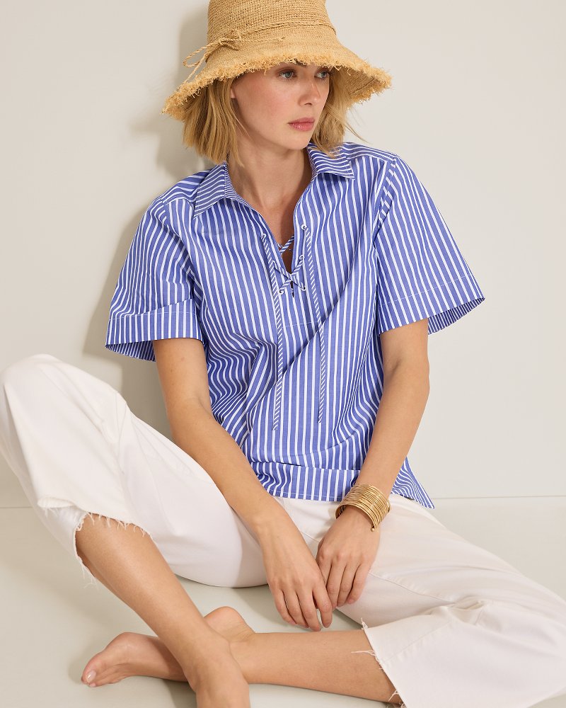 Harbor Isle Lace-Up Popover Camp Shirt - Bold Blue