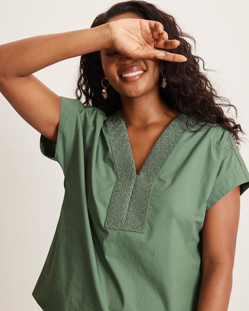Oceana Isle Embroidered Popover Top - Dark Jade
