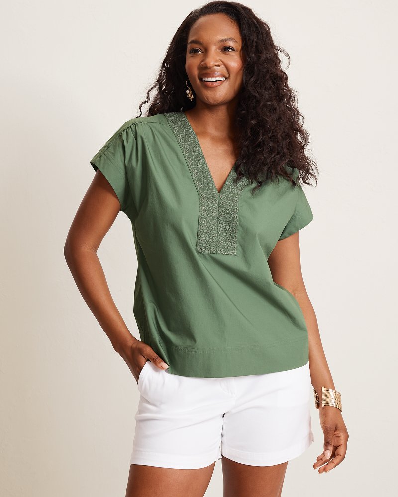 Oceana Isle Embroidered Popover Top - Dark Jade