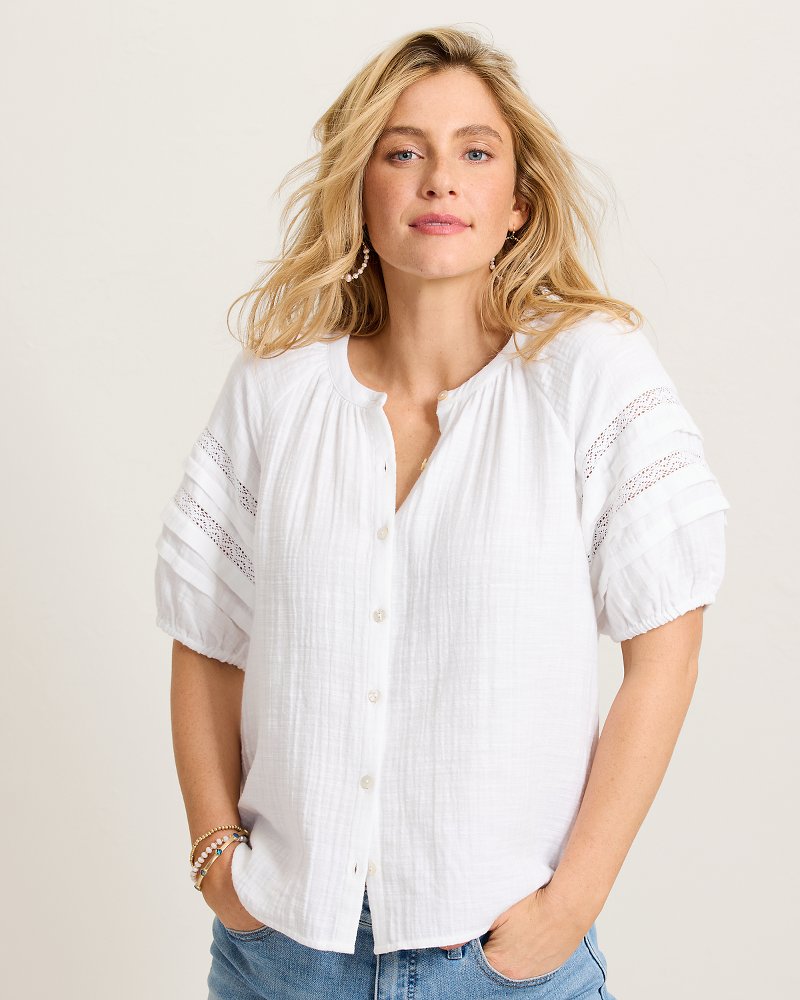 Island Gauze Trim Puff-Sleeve Top - White