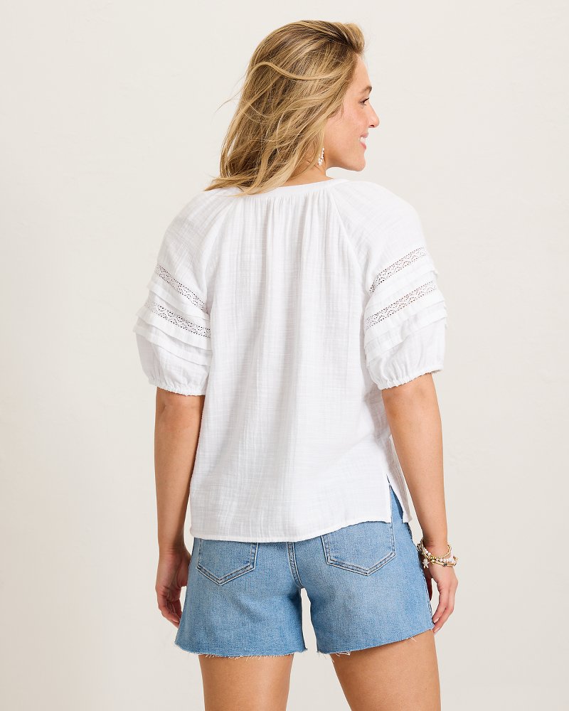 Island Gauze Trim Puff-Sleeve Top - White