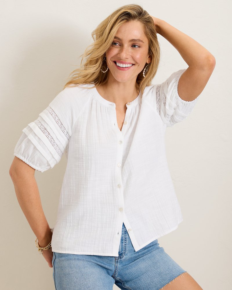 Island Gauze Trim Puff-Sleeve Top - White