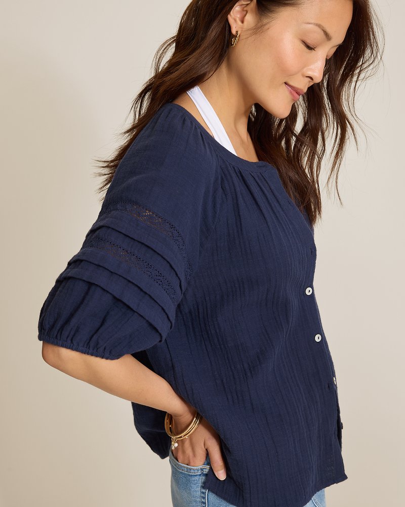 Island Gauze Trim Puff-Sleeve Top - Coastline