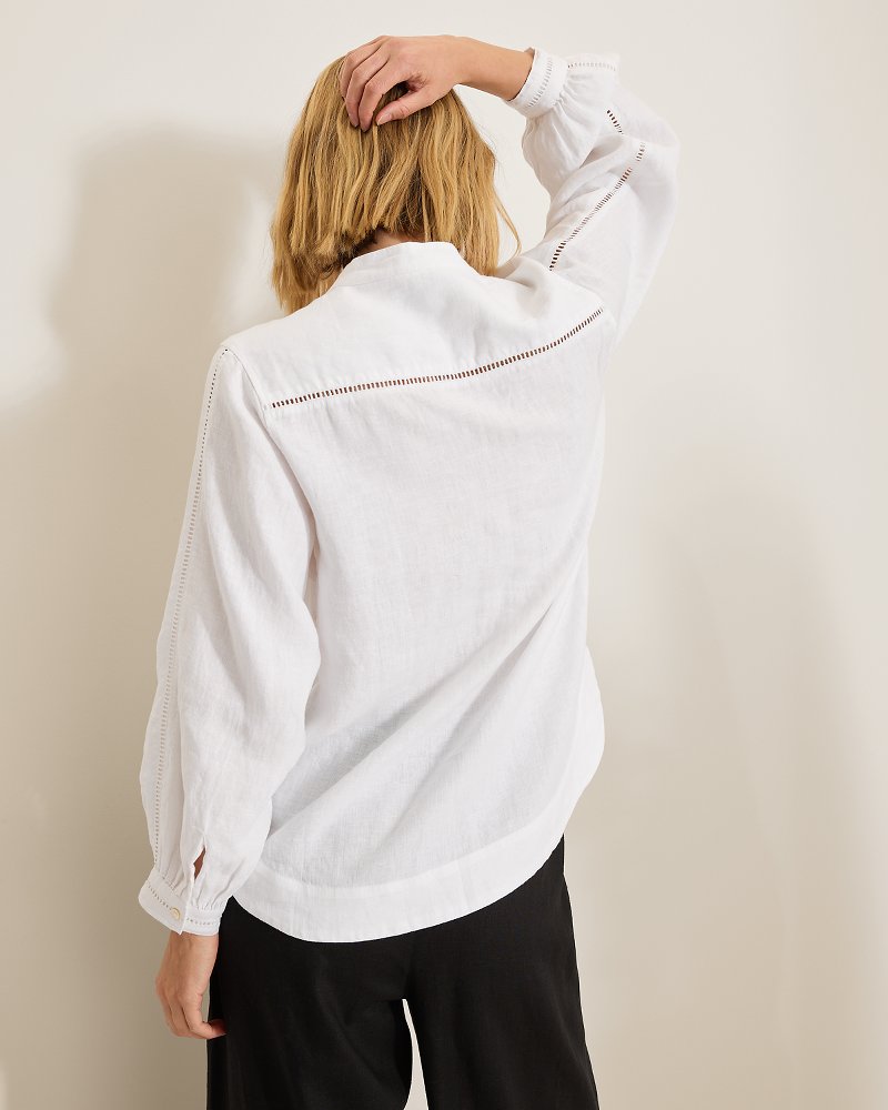 Coastalina Linen Floral Eyelet Blouse - White