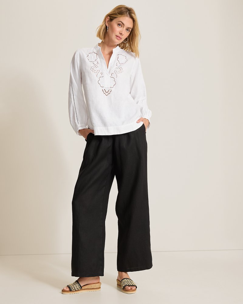 Coastalina Linen Floral Eyelet Blouse - White