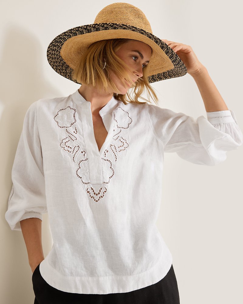 Coastalina Linen Floral Eyelet Blouse - White