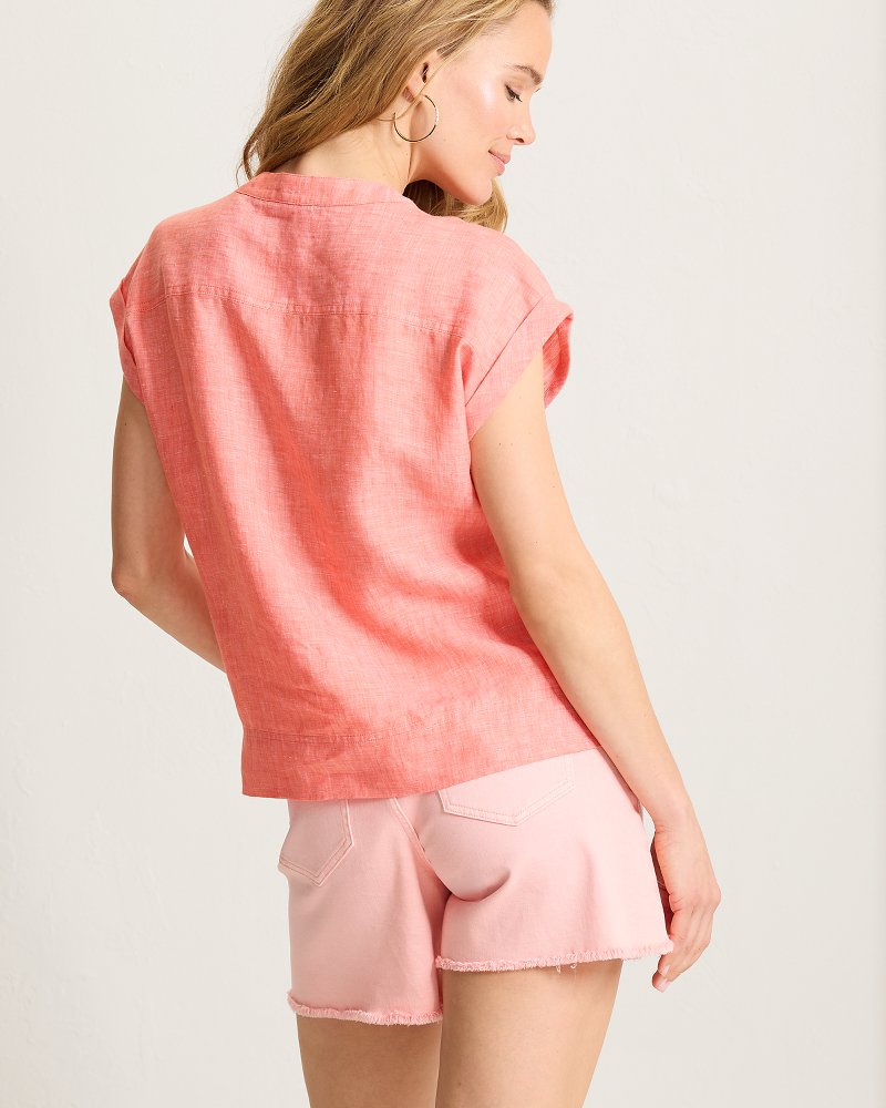 Coastalina Linen Short-Sleeve Ruffle Top - Ember Red