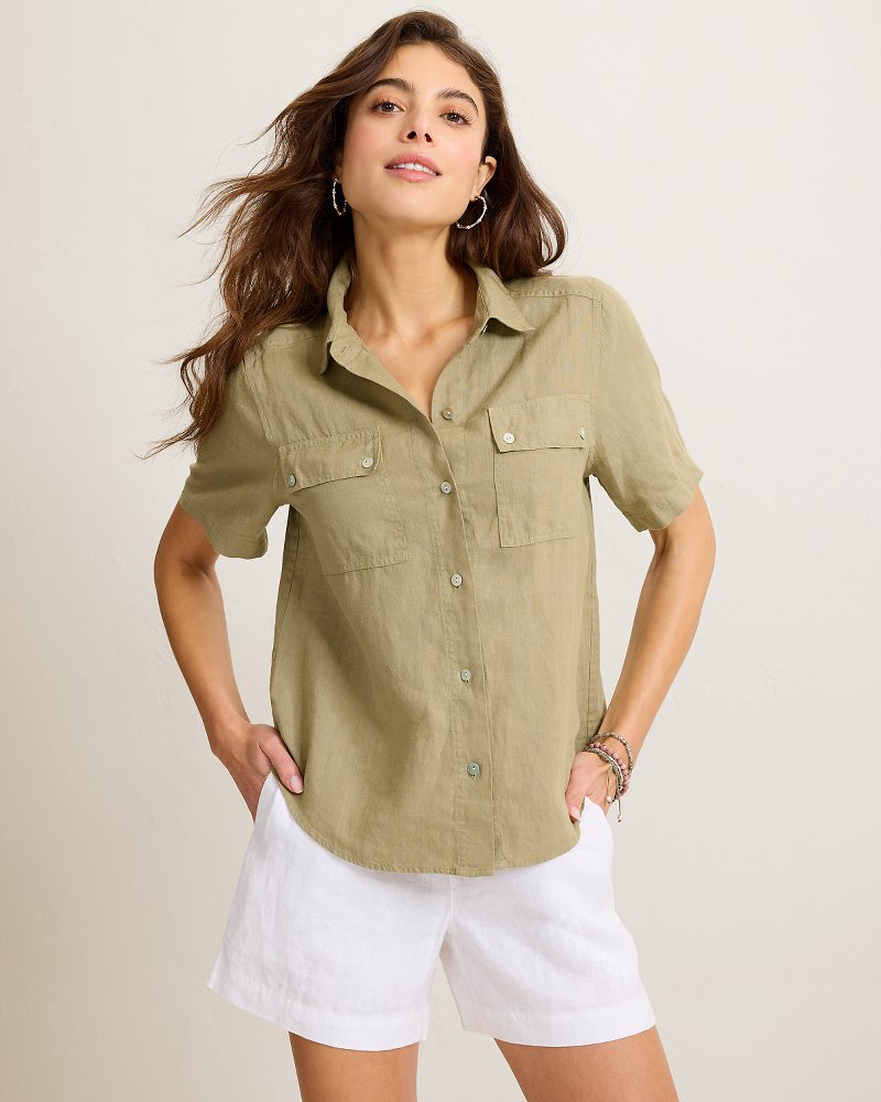 Coastalina Linen Camp Shirt - Sea Clay