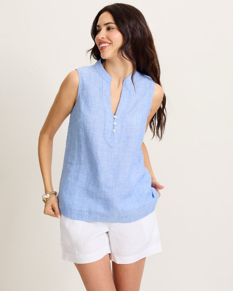 Coastalina Linen Sleeveless Popover Top - French Blue