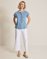Chambray O'Lei Bahia Blooms Linen-Blend Ruffle Top - Med Indigo Wash