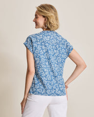 Chambray O'Lei Bahia Blooms Linen-Blend Ruffle Top - Med Indigo Wash