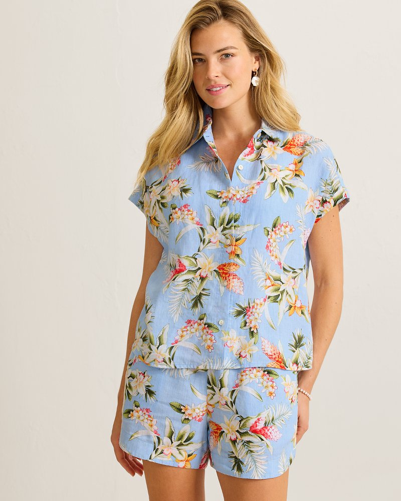 Coastalina Linen Ginger Flowers Camp Shirt - Seabank Sky