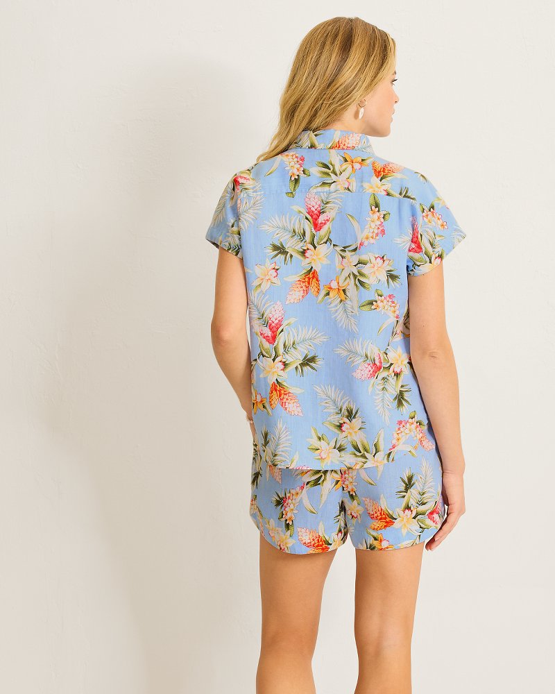 Coastalina Linen Ginger Flowers Camp Shirt - Seabank Sky