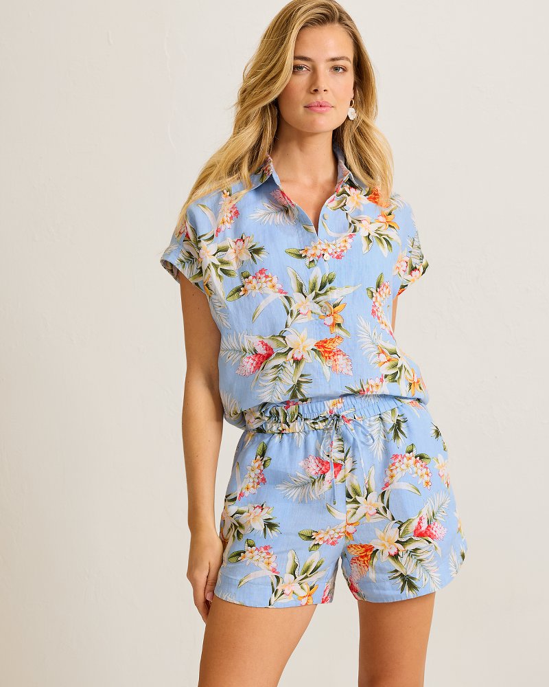 Coastalina Linen Ginger Flowers Camp Shirt - Seabank Sky