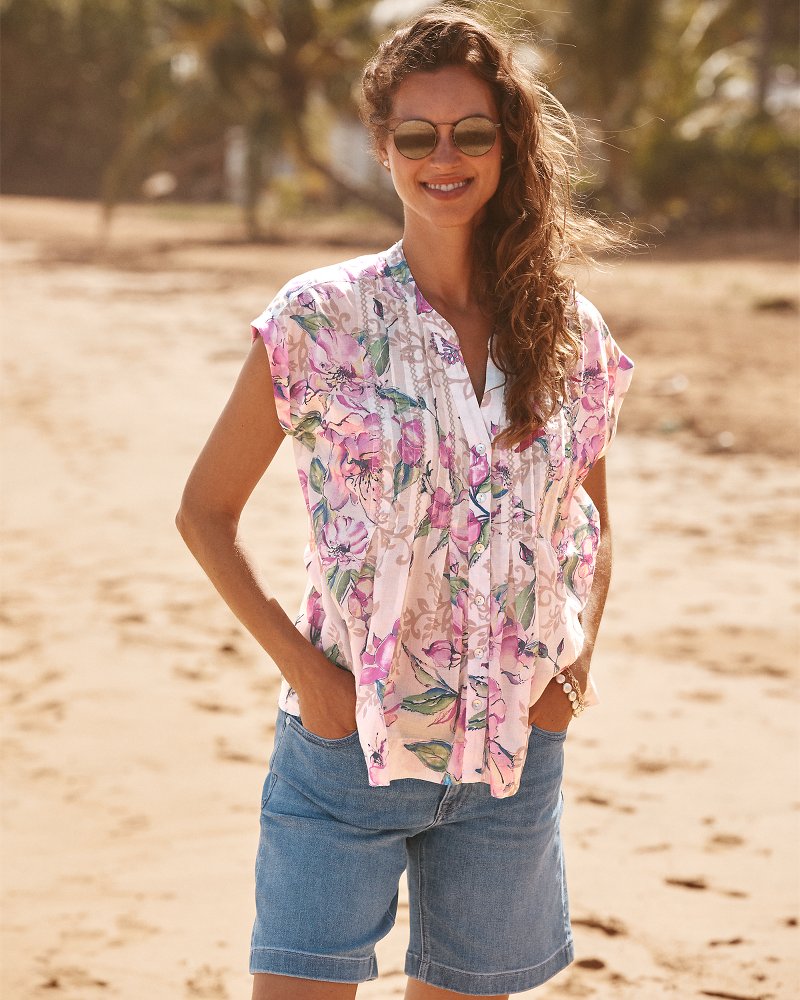 Voile Voyage Floral Gardens Cross-Stitch Blouse - White