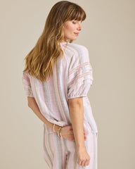 Island Gauze Stripe Puff-Sleeve Top - Cyber Light