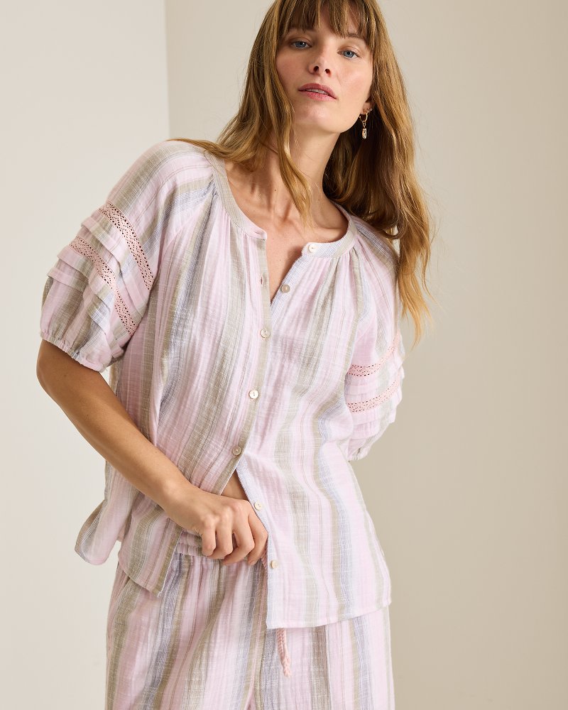 Island Gauze Stripe Puff-Sleeve Top - Cyber Light