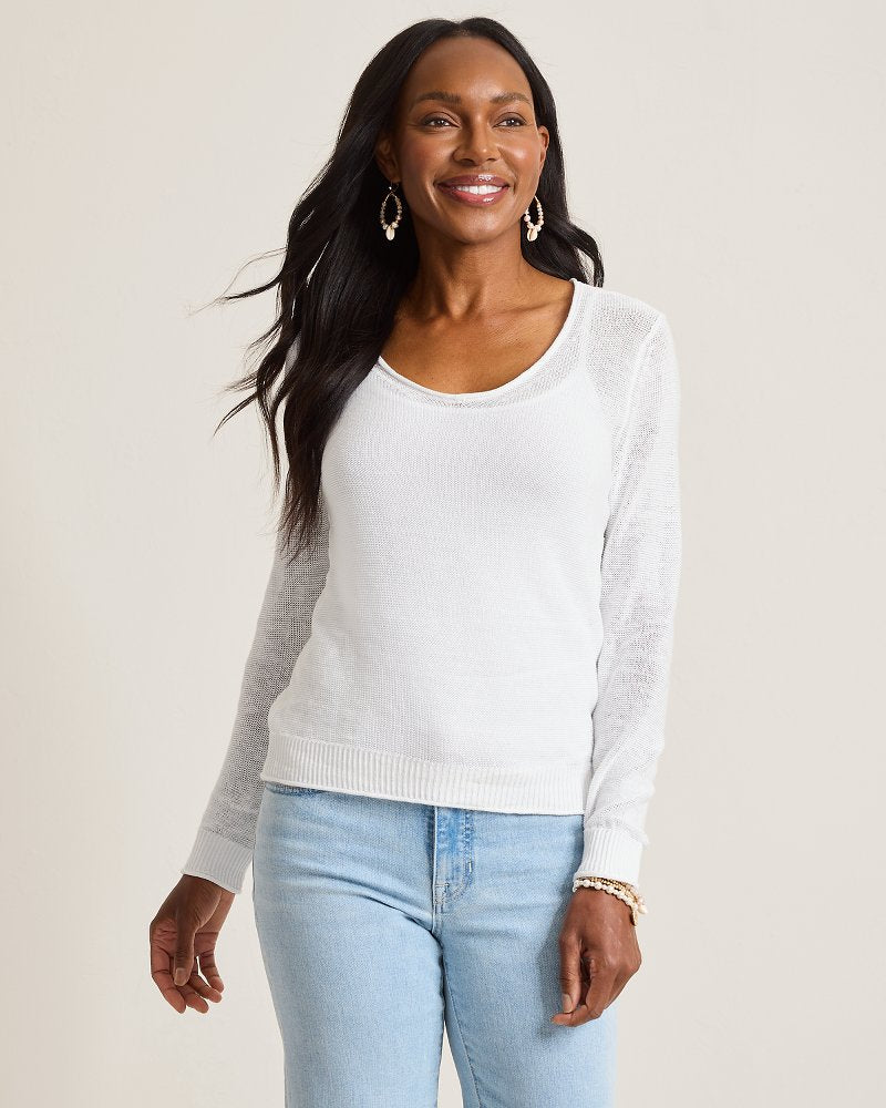 Cedar Linen Long-Sleeve V-Neck Sweater - White
