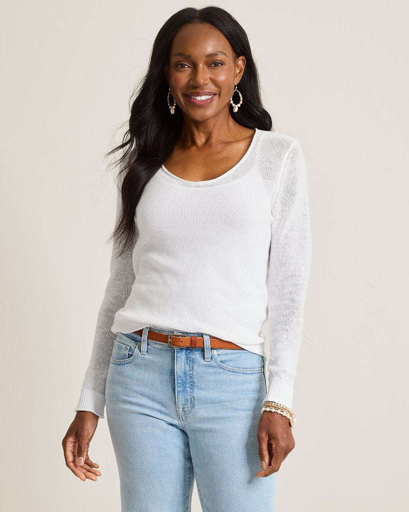 Cedar Linen Long-Sleeve V-Neck Sweater - White