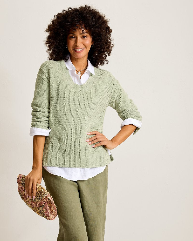 Malibu Chenille V-Neck Sweater - Hushed Pine