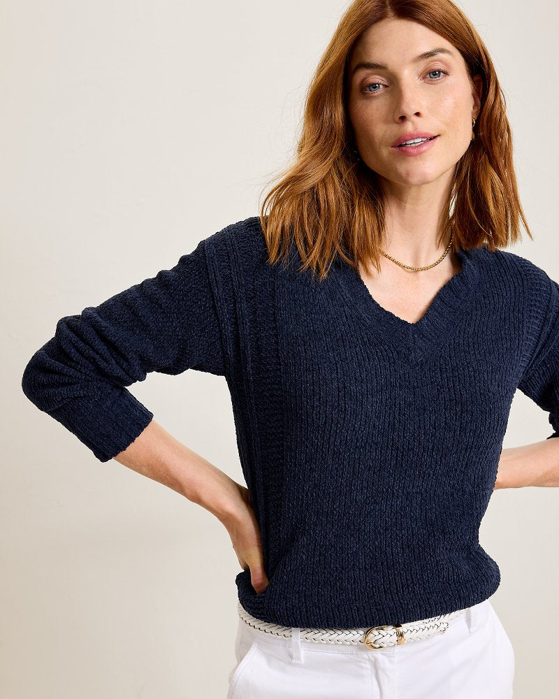 Malibu Chenille V-Neck Sweater - Coastline