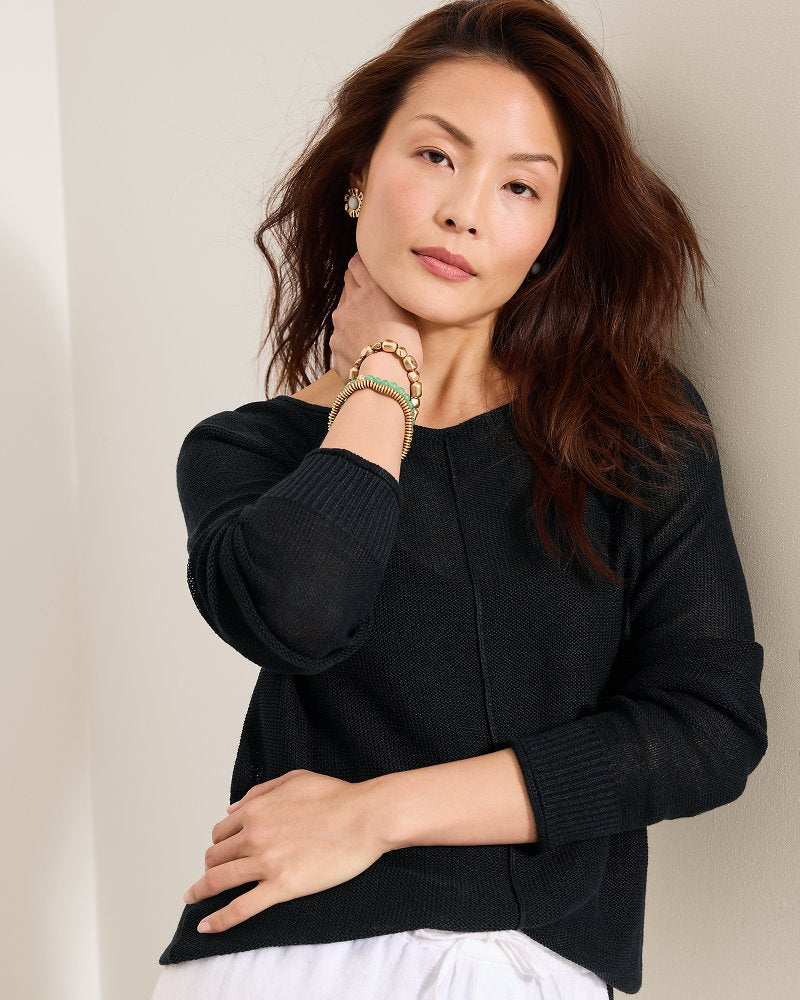 Cedar Linen Long-Sleeve Bateau-Neck Sweater - Black