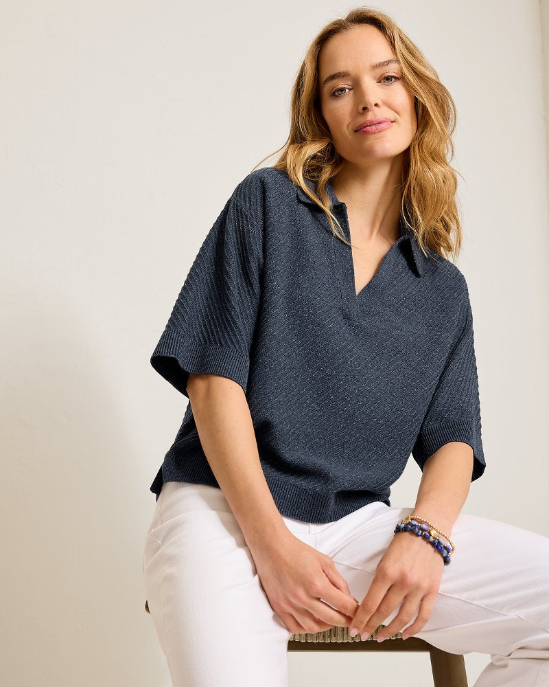 Cotton Drop-Shoulder Sweater Polo - Coastline Heather
