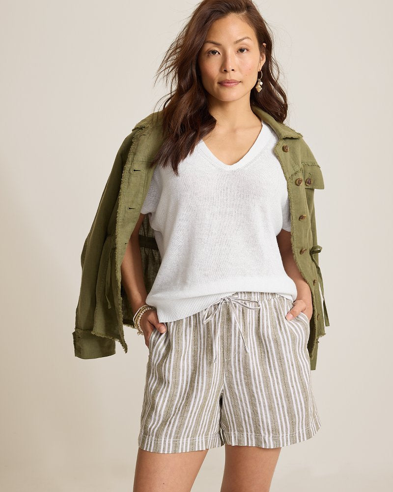 Lakes Edge Linen-Blend V-Neck Sweater Top - White