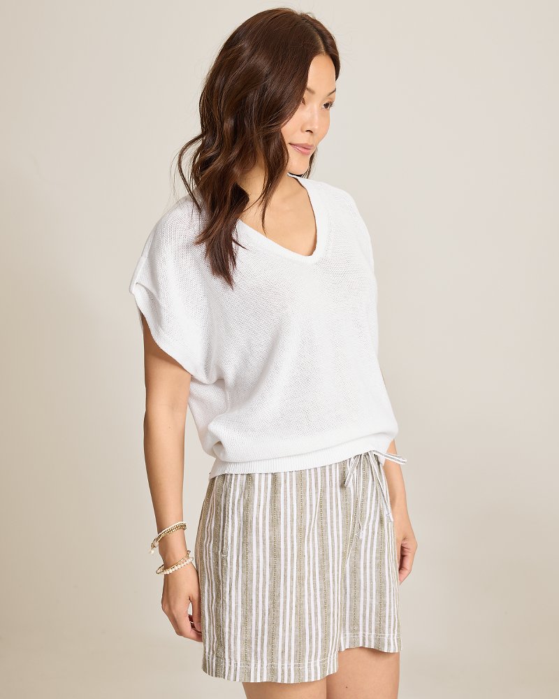 Lakes Edge Linen-Blend V-Neck Sweater Top - White