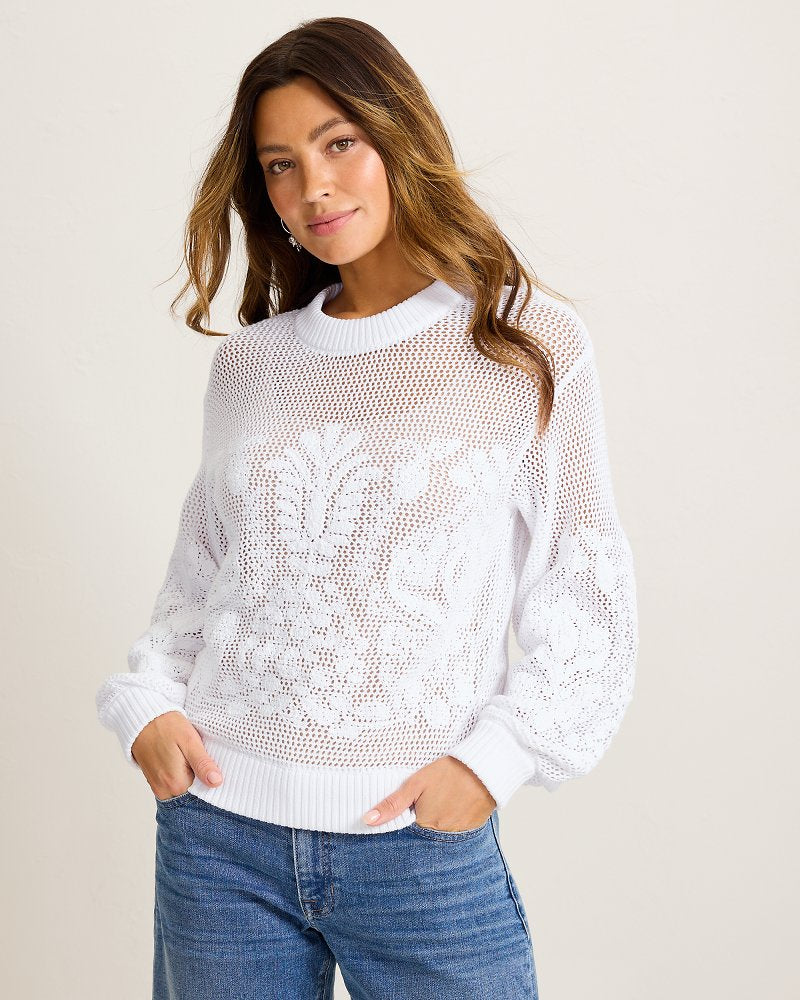 Noble Pineapple Lattice Embroidered Sweater - White
