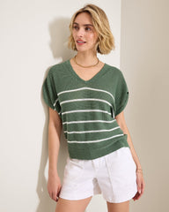 Lakes Edge Linen-Blend Stripe Sweater Top - Dark Jade
