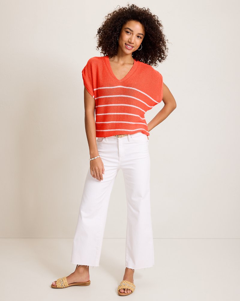 Lakes Edge Linen-Blend Stripe Sweater Top - Ember Red