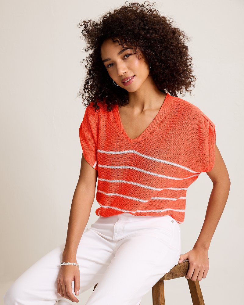 Lakes Edge Linen-Blend Stripe Sweater Top - Ember Red