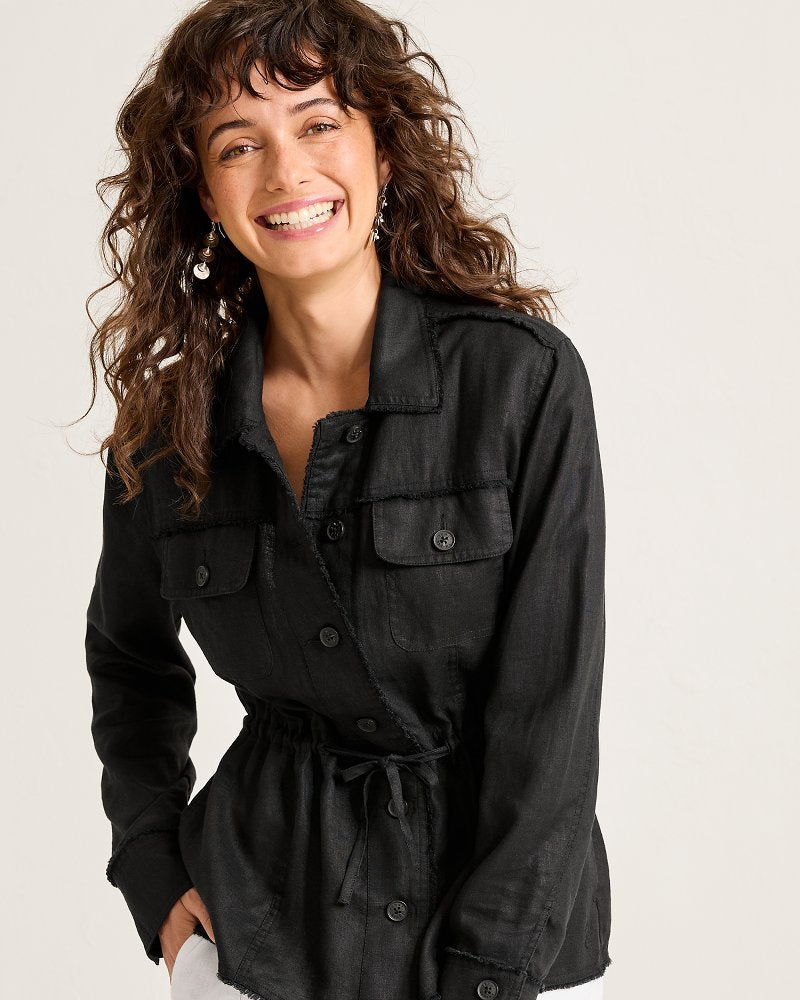 Two Palms Linen Raw-Edge Utility Jacket - Black