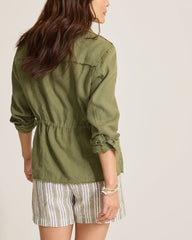 Two Palms Linen Raw-Edge Utility Jacket - Dark Fern