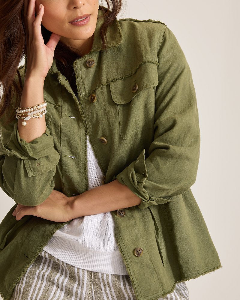 Two Palms Linen Raw-Edge Utility Jacket - Dark Fern