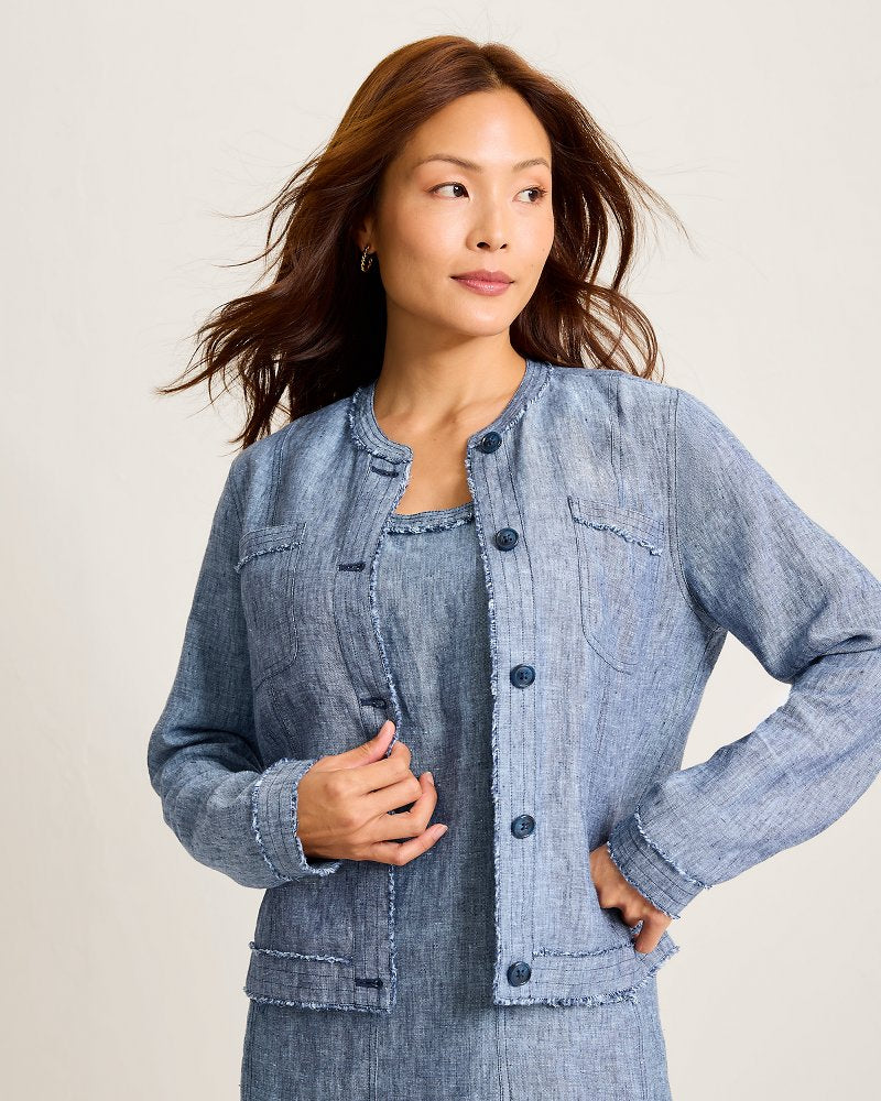 Two Palms Patch Pocket Raw-Edge Linen Jacket - Coastline