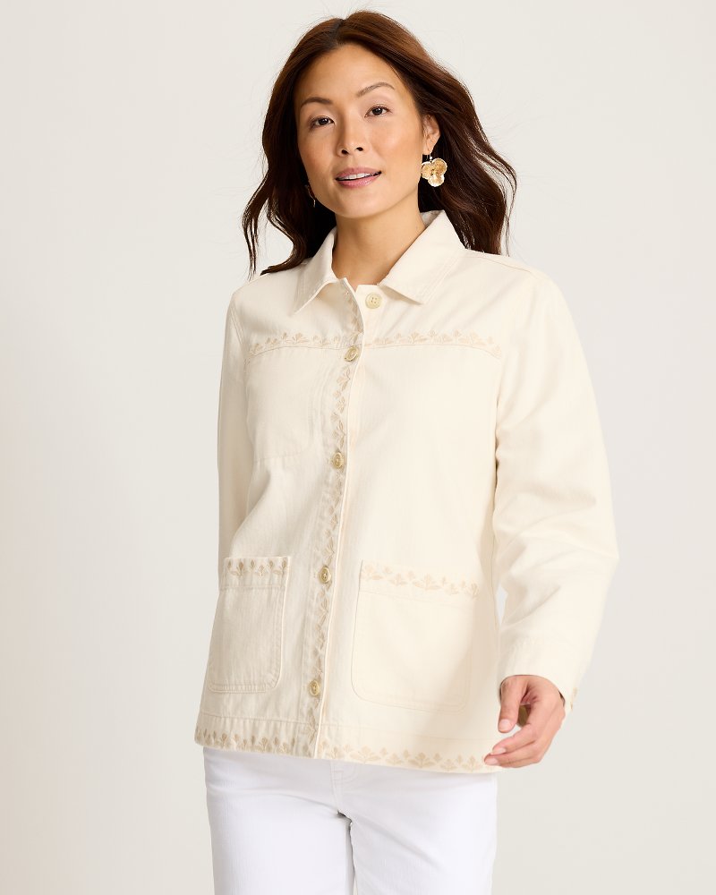 Ecru Sands Embroidered Denim Chore Jacket - Ecru Sand