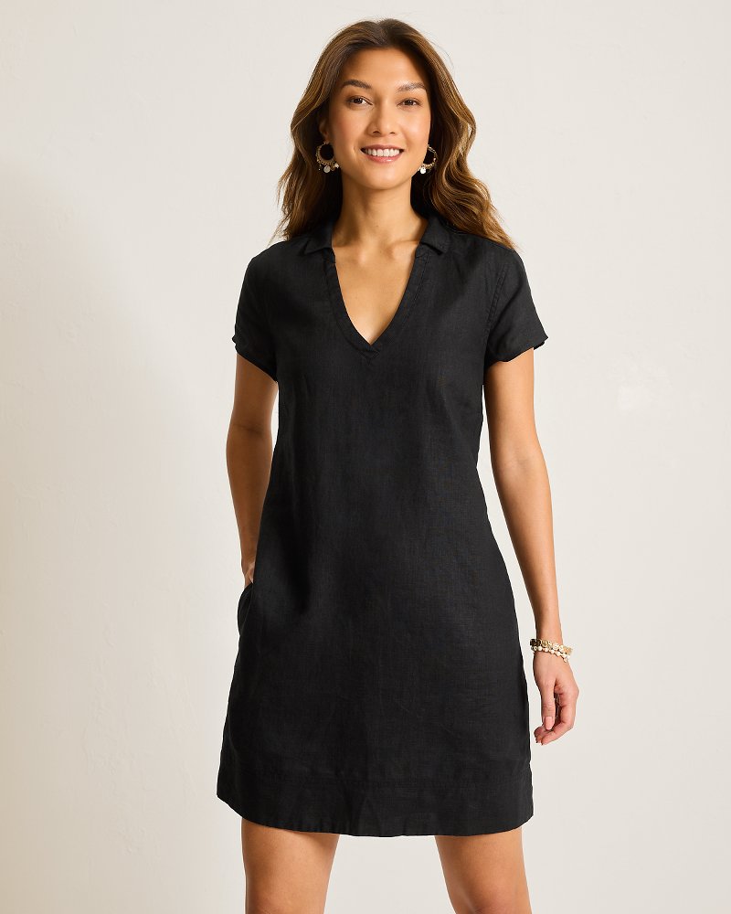 Two Palms Short-Sleeve Linen Collared Dress - Black