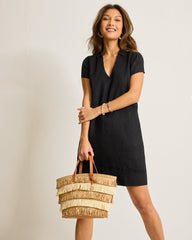 Two Palms Short-Sleeve Linen Collared Dress - Black