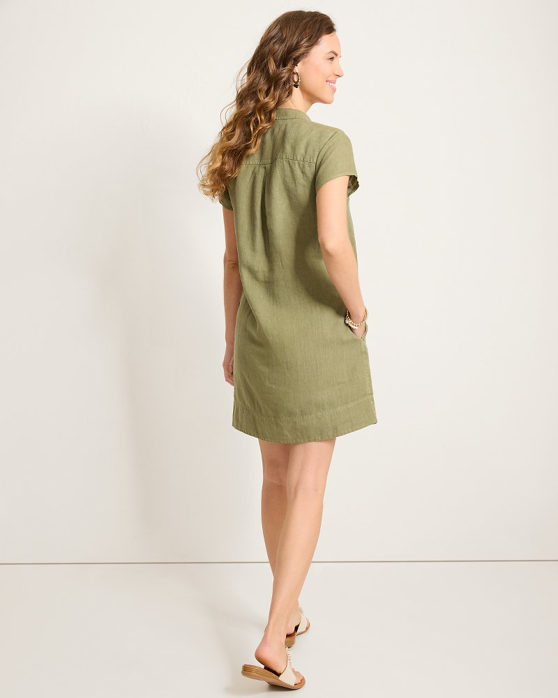 Two Palms Short-Sleeve Linen Collared Dress - Dark Fern