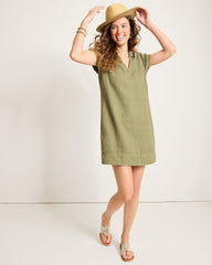 Two Palms Short-Sleeve Linen Collared Dress - Dark Fern