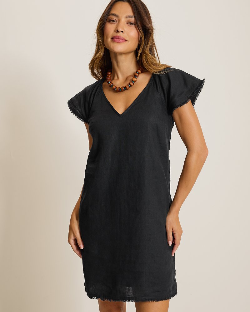 Two Palms Flutter-Sleeve Linen Shift Dress - Black