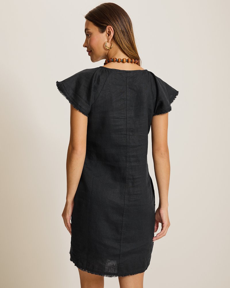 Two Palms Flutter-Sleeve Linen Shift Dress - Black